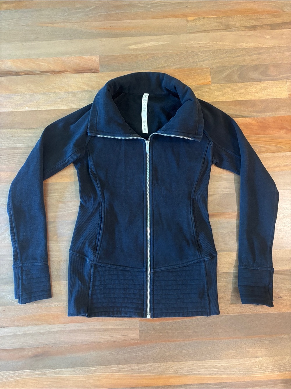 lululemon black zip jacket with cute quilted detail at waist and cuffs size 6